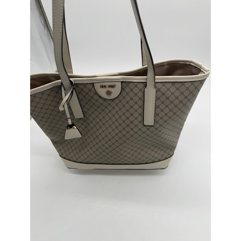 Nine West Tote Bag Geometric Lattice Print Tan Cream Shoulder Bag Logo Charm
